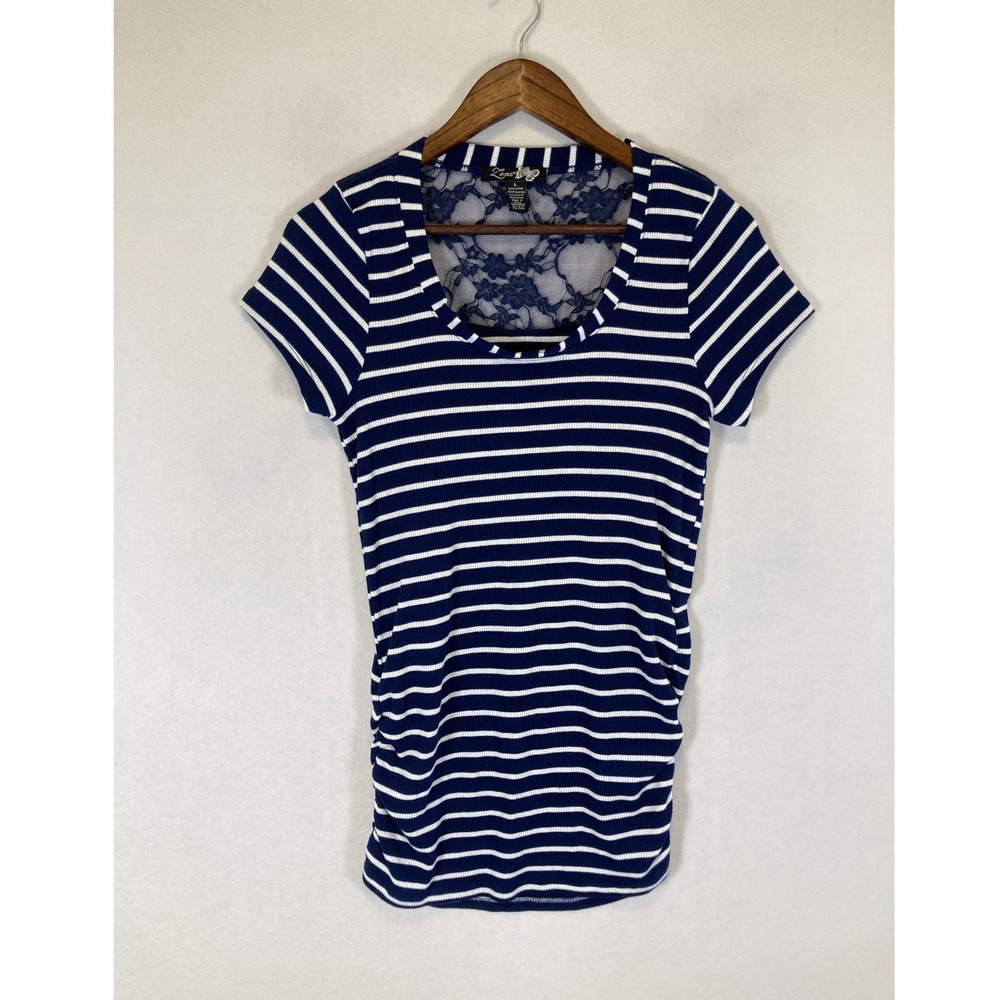 Nautical Zena Womens Large Navy Blue Striped Lace Back Ruched Ribbed Tee